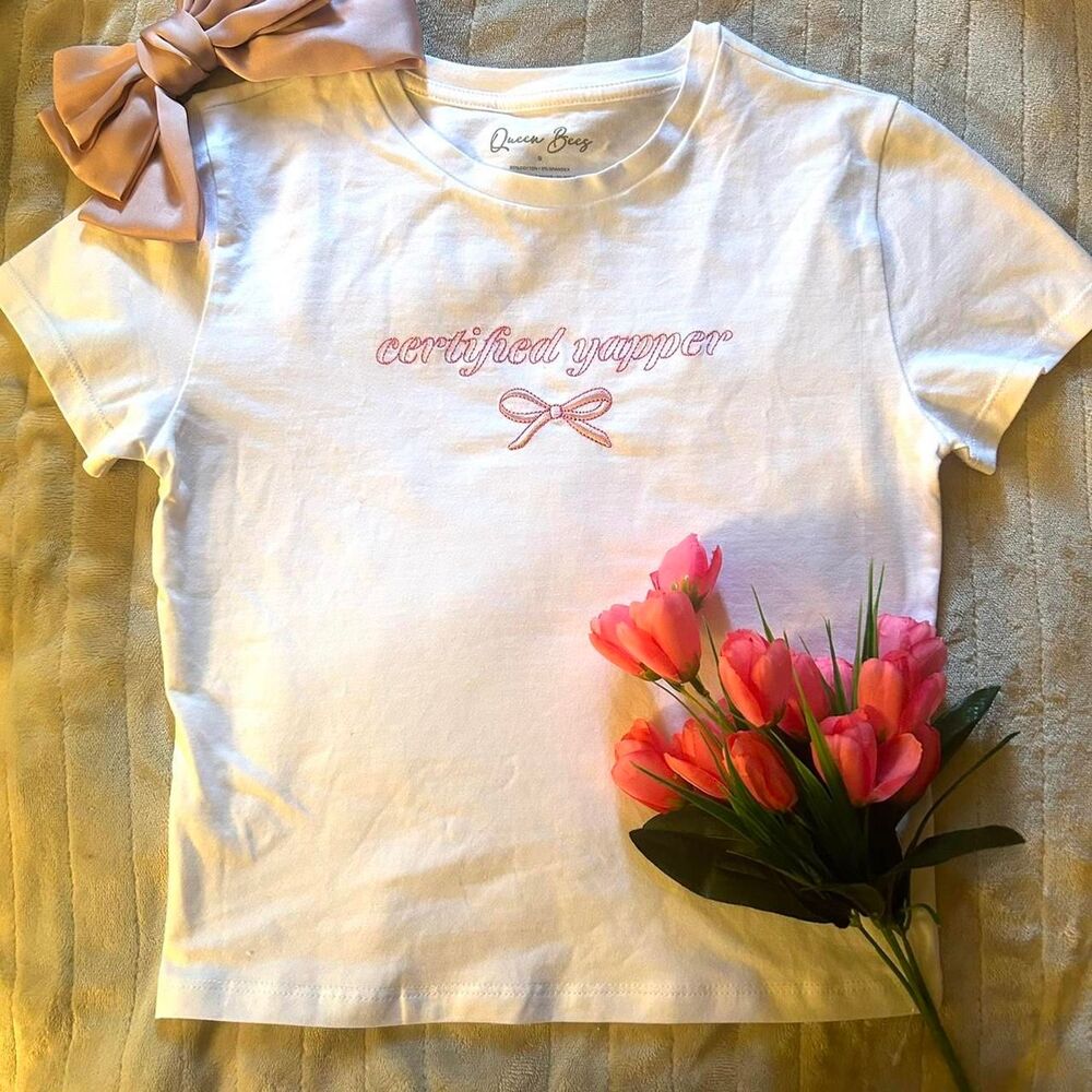 White and Pink “Certified Yapper” Crop-Top